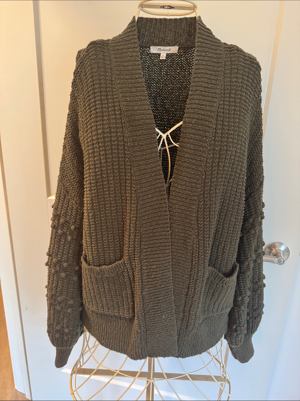 Madewell Olive Green Open-Front Cardigan with bubble-knit sleeves.